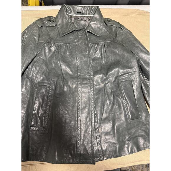 Banana Republic Genuine Leather Jacket Womens Medium Gray Epaulet Belted Cuffs - Picture 12 of 16